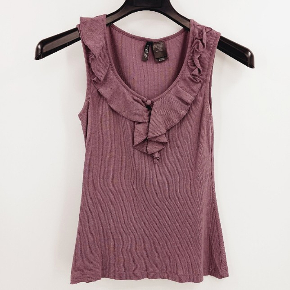Vintage Y2k Bisou Bisou Ruffle Tank Top Size M Dusky Mauve Ribbed Stretch
